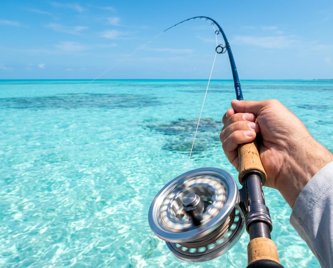 Ein Bonefish zieht Schnur von der Rolle